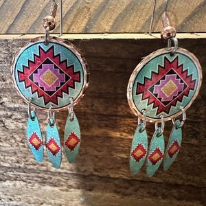 Handmade Boho Copper Earrings, Diamond Cut Native American Drop Earrings, Gift